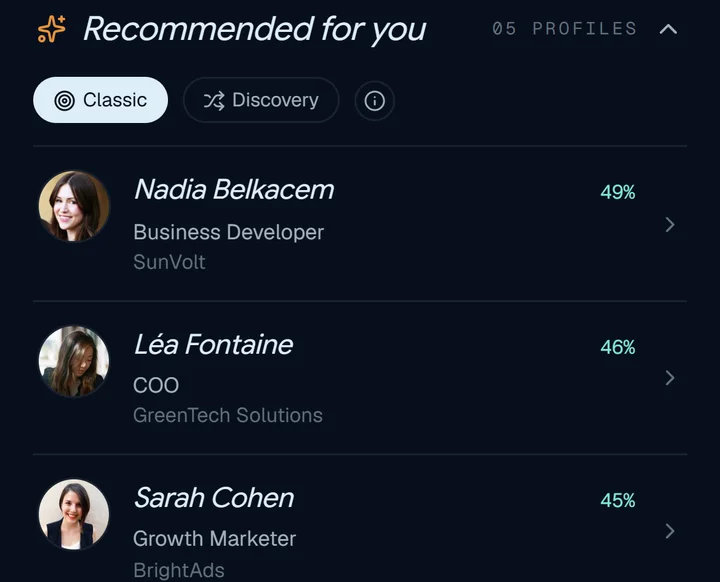 App screenshot: three recommended people, with their match percentage