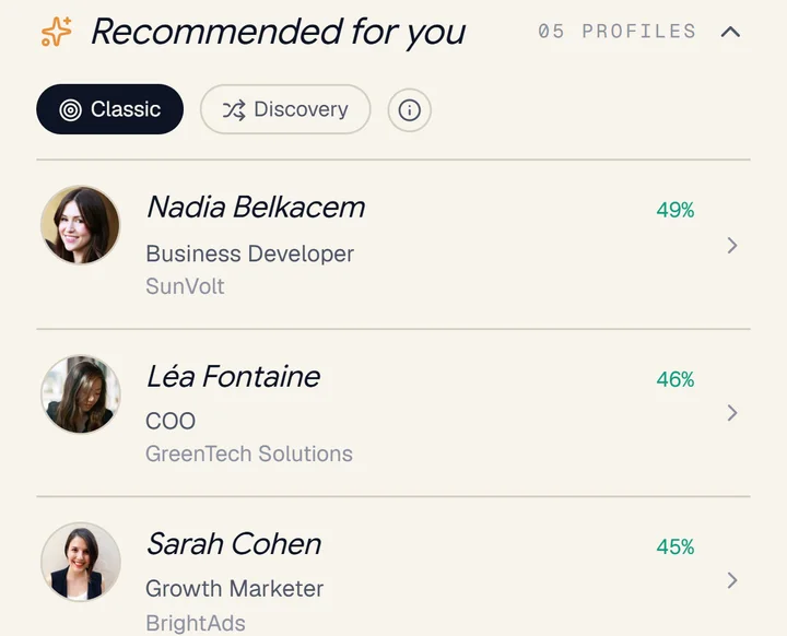 App screenshot: three recommended people, with their match percentage