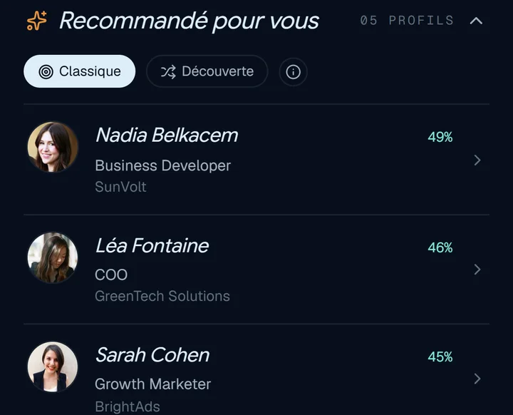 Capture de l'app : trois personnes recommandées, avec leur pourcentage de compatibilité