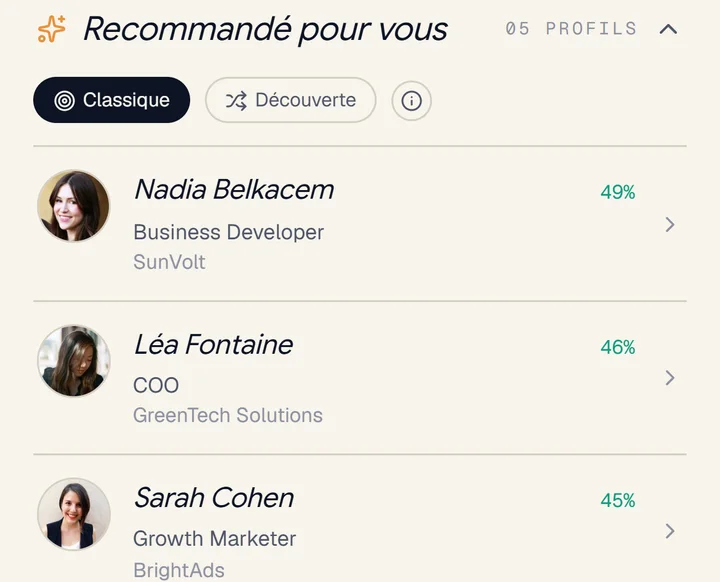 Capture de l'app : trois personnes recommandées, avec leur pourcentage de compatibilité